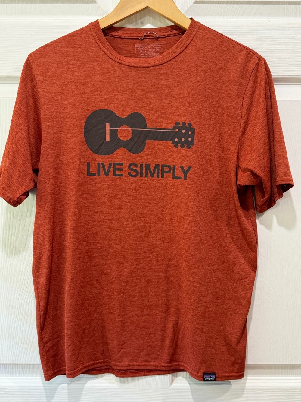 Patagonia Small "Live Simply" Graphic Capilene Tee - Rust